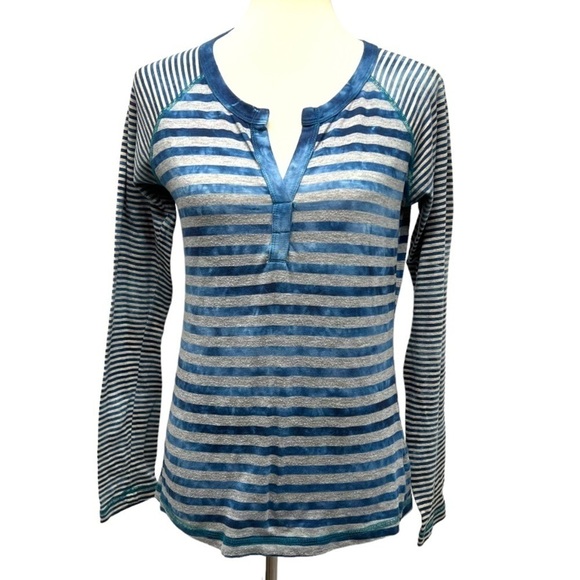 Prana able & Gray Striped Split Neck Cotton Blend Long Sleeve Pullover Medium - Picture 2 of 10
